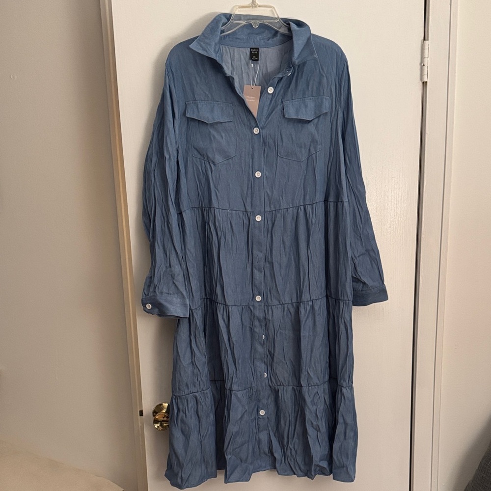 SHEIN Blue Button-Up Tiered Dress